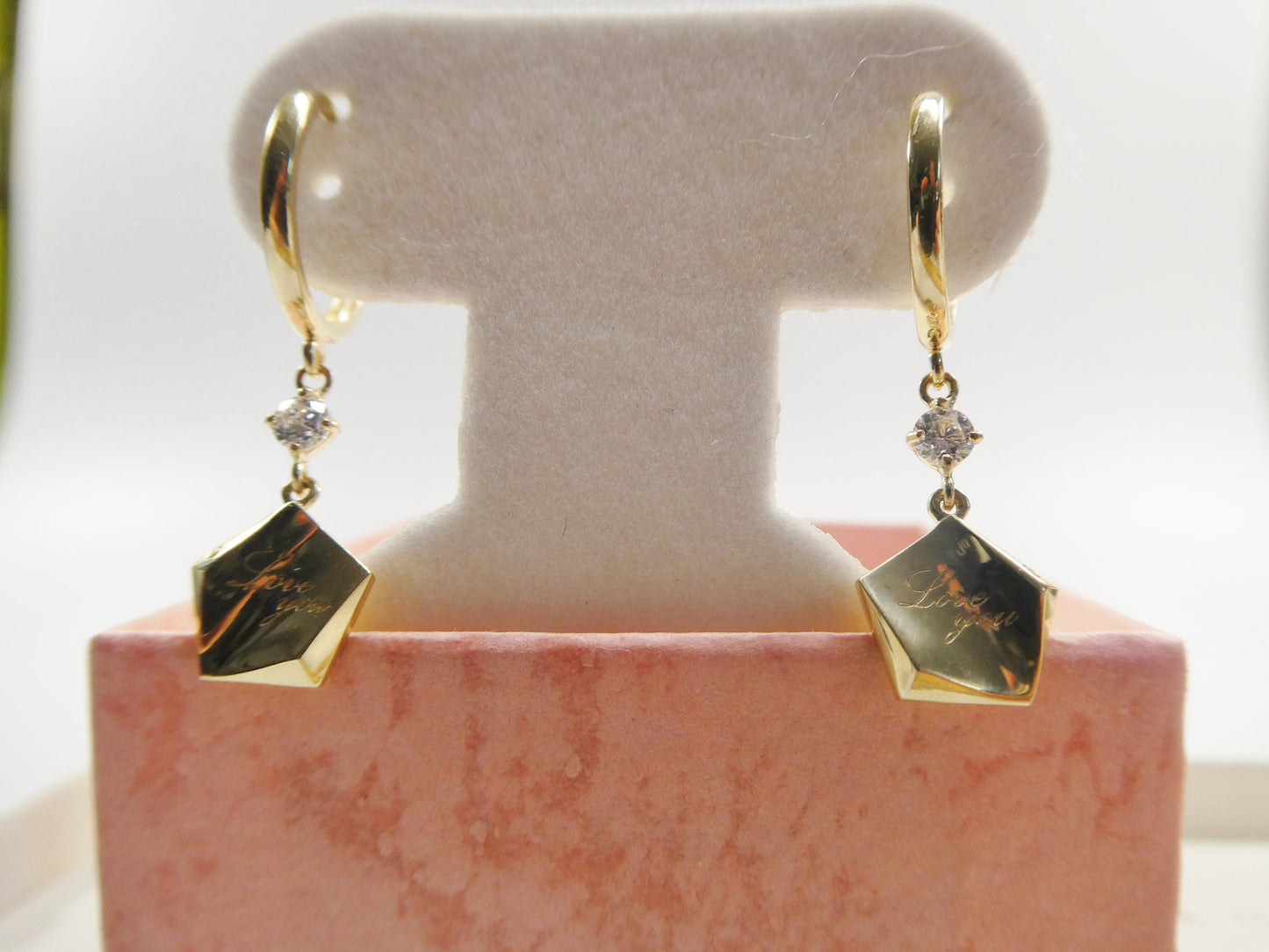 10k real yellow gold love engrave dangle plain huggie earring