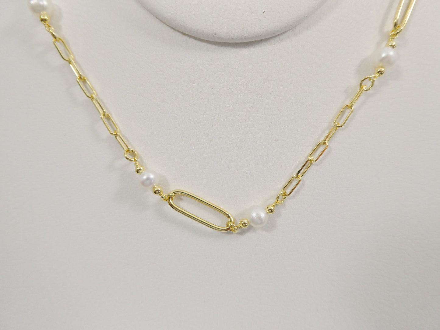 16 inch W/ 2 INCH EXTENTION pearl / paper clip necklace real 925 sterling silver 14k gold color finish