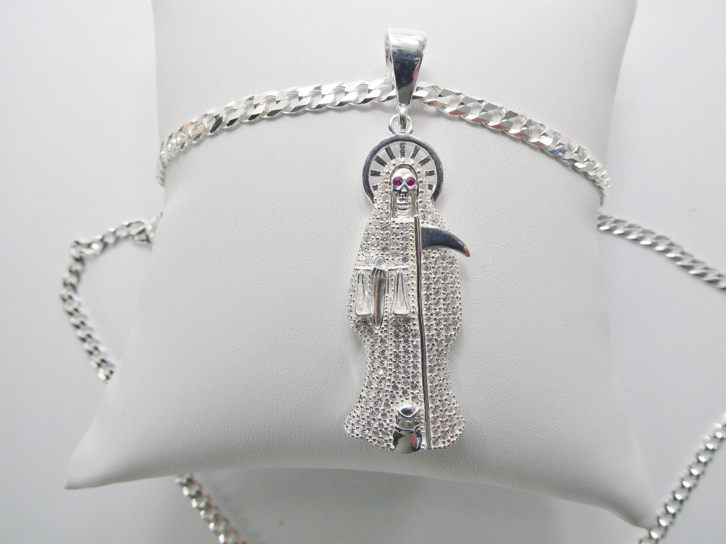 real 925 sterling silver 22 inch flat chain and large santa muerte pendent charm