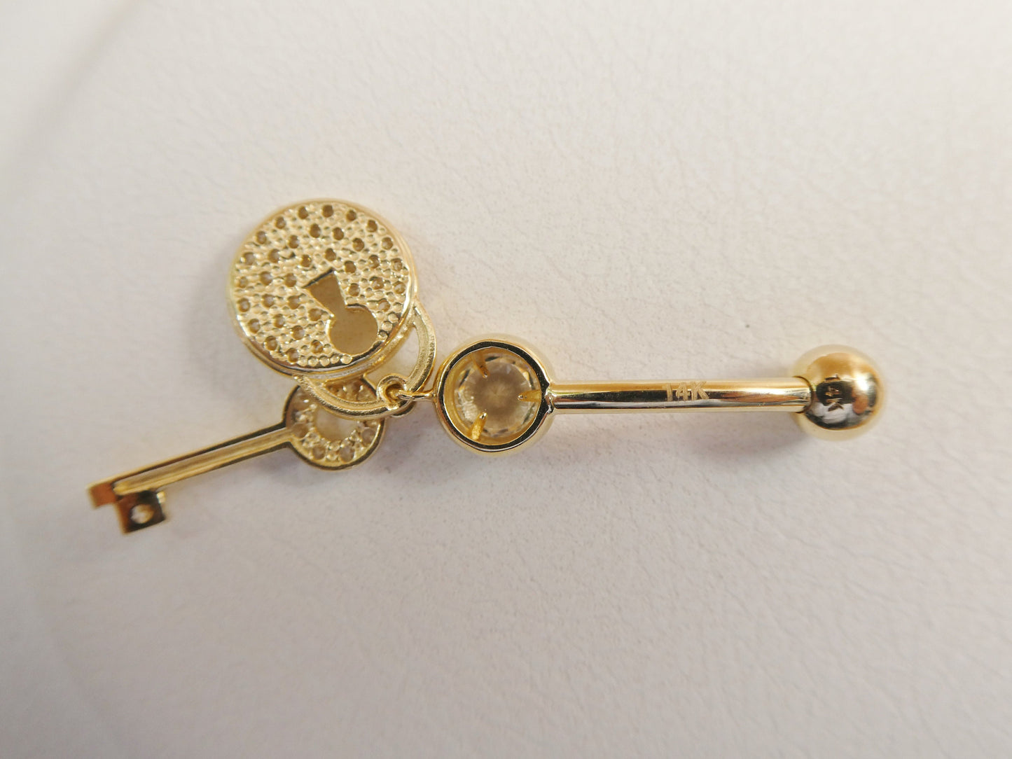 14k real solid yellow gold dangling lock and key belly button ring piercing