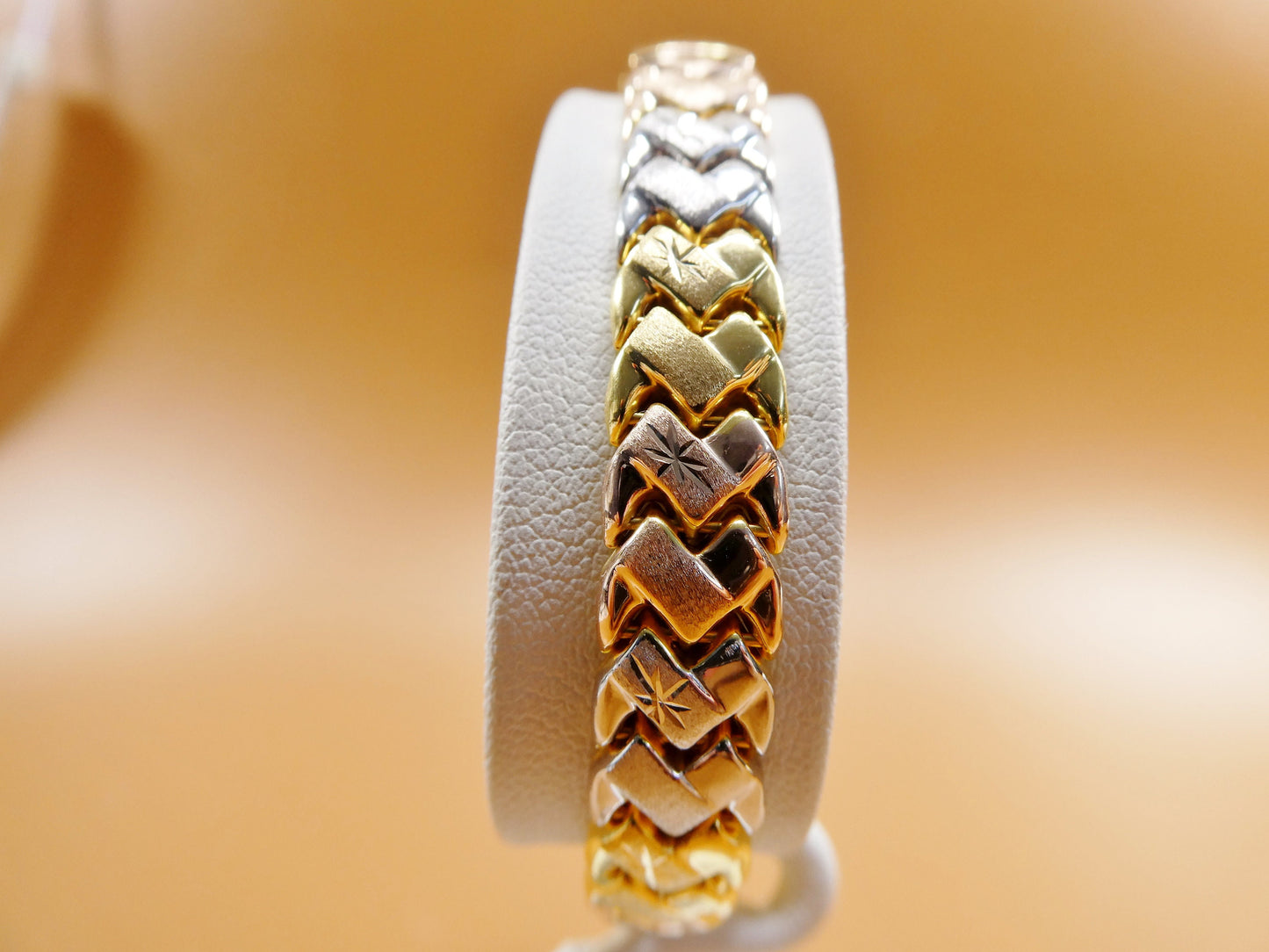 8 inch basket STAMPATO bracelet tri color tone 14k yellow gold color finish over real 925 sterling silver