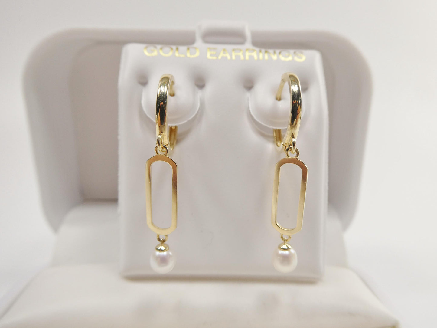 real 10k solid yellow gold paperclip pearl dropping earring