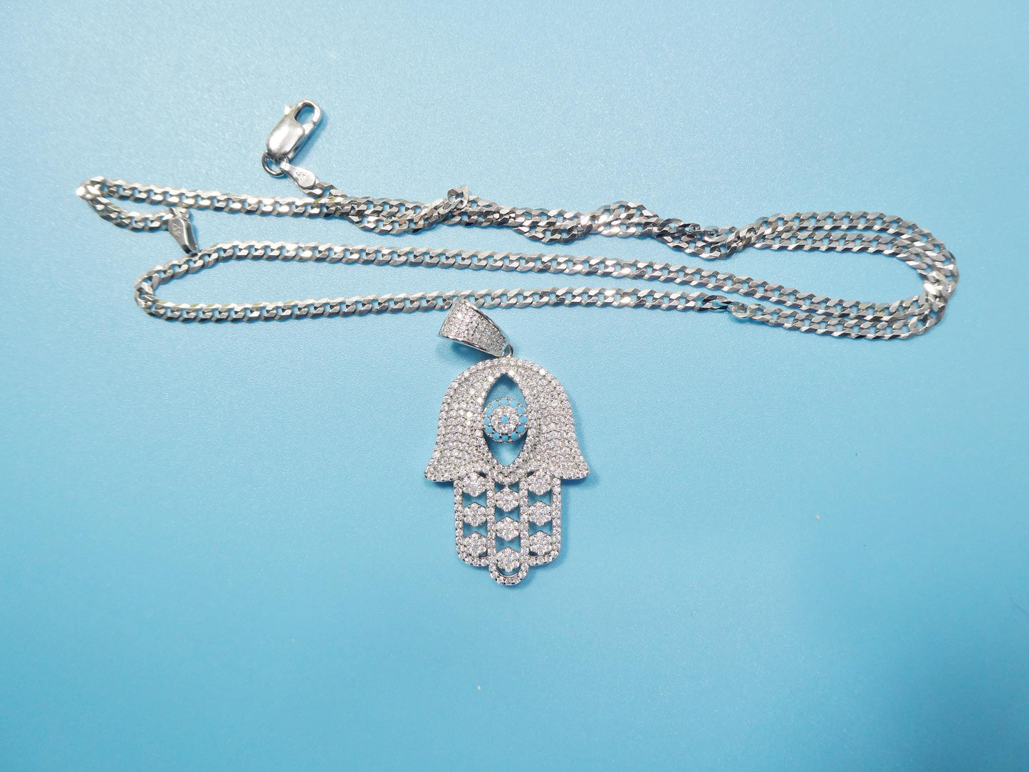 real 925 sterling silver 22 inch chain and hamsa evil eye charm pendent
