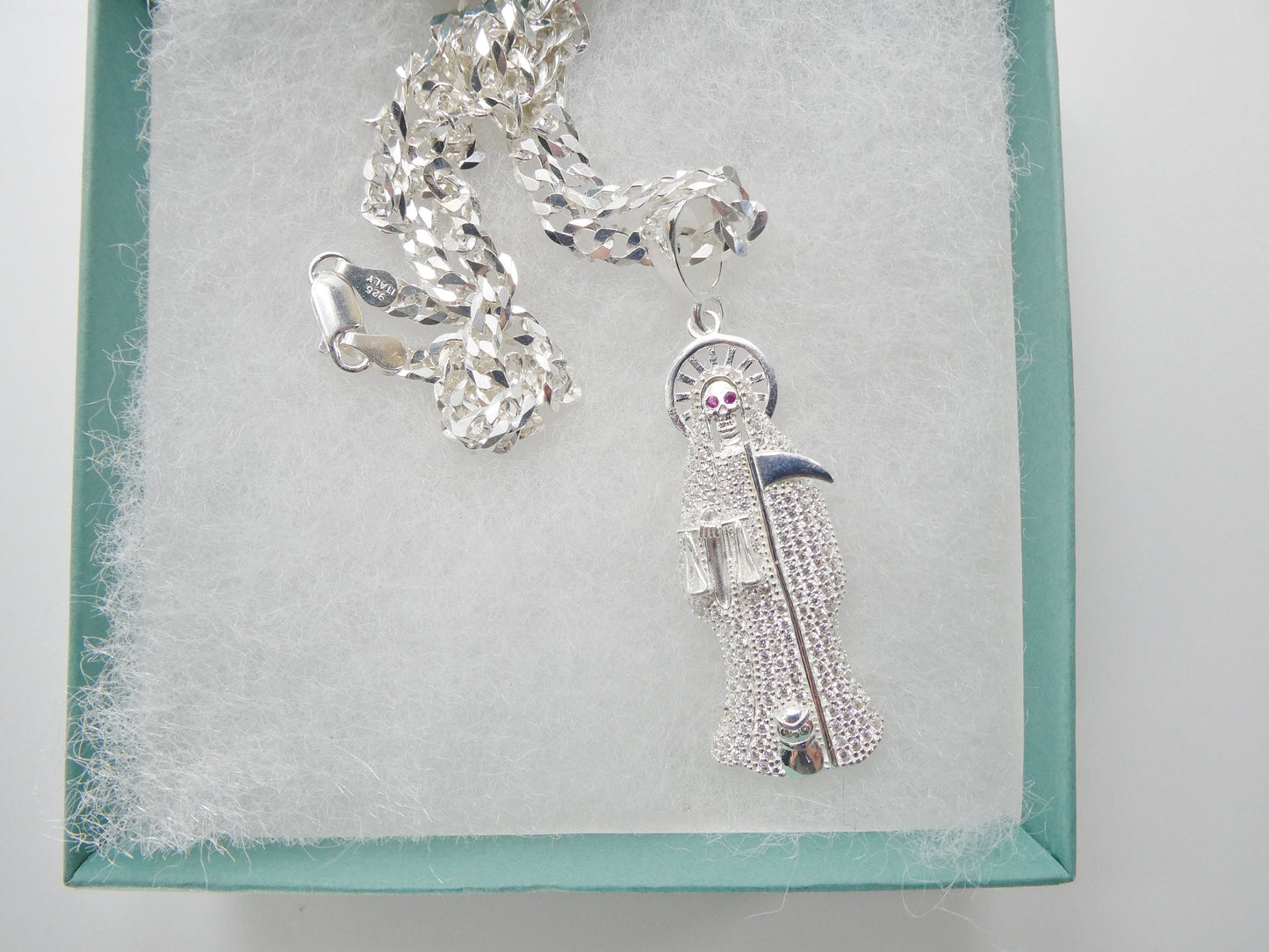 real 925 sterling silver 22 inch flat chain and large santa muerte pendent charm