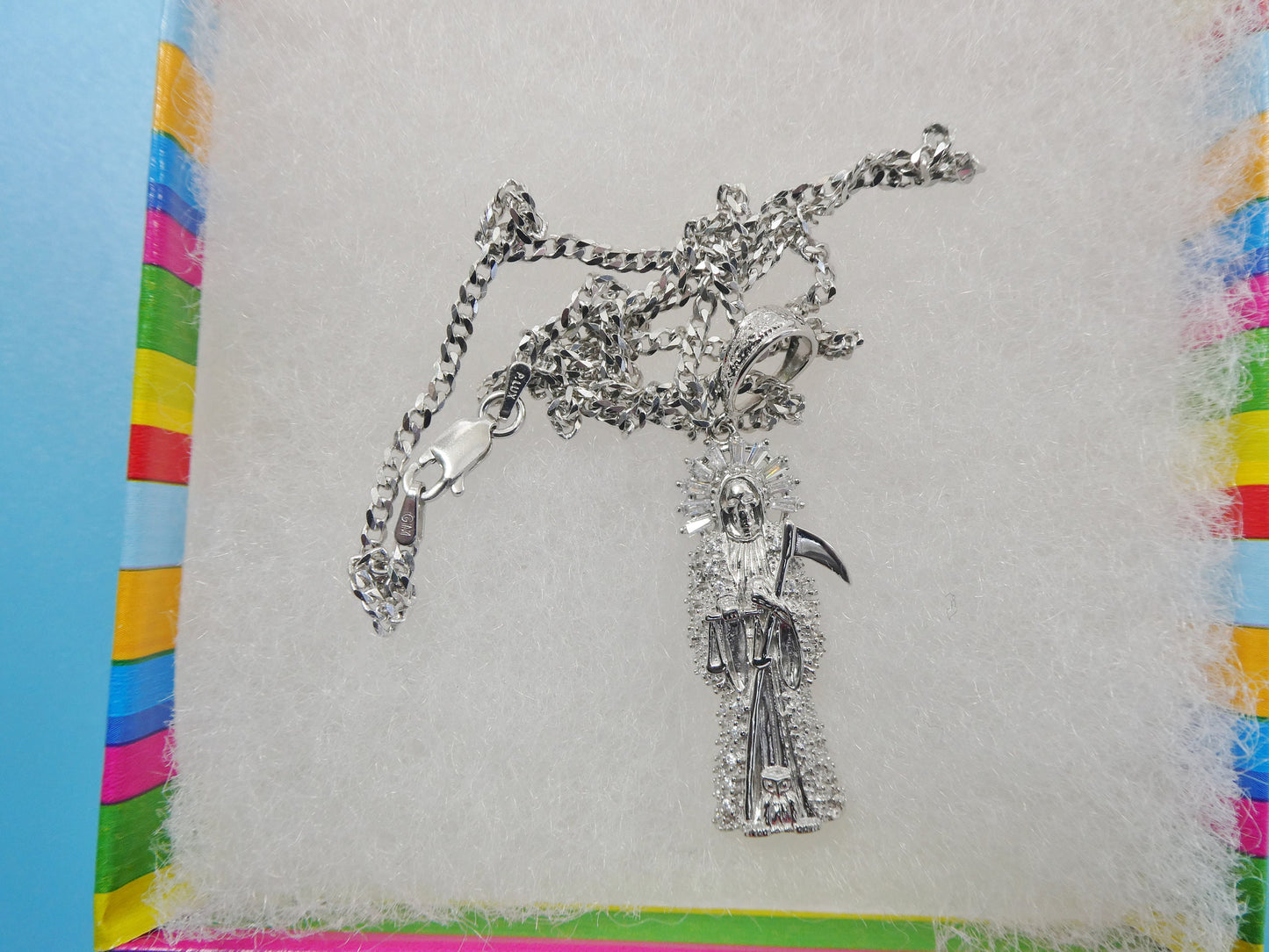 real 925 sterling silver 18 inch curb chain and santa muerte pendent charm