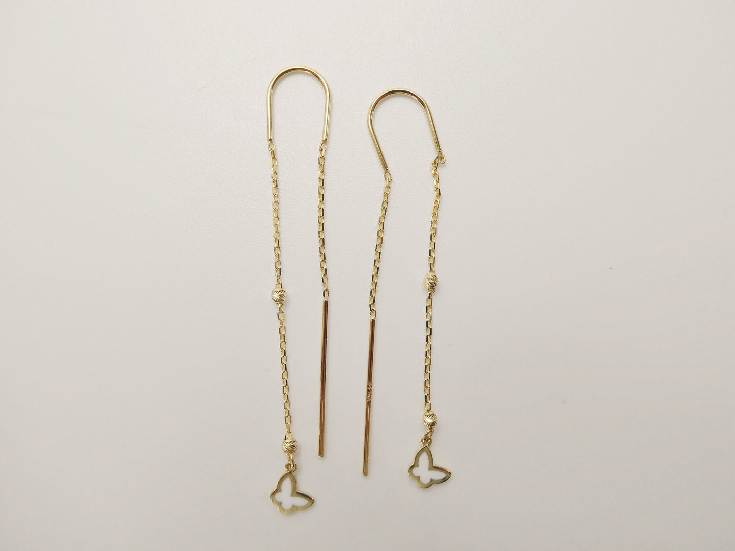 14k real solid yellow gold butterfly enamel long dangling earring