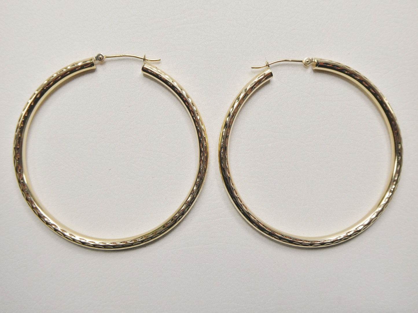 14K real solid yellow gold 50mm round hoop earring snap closure full diamond cut finish