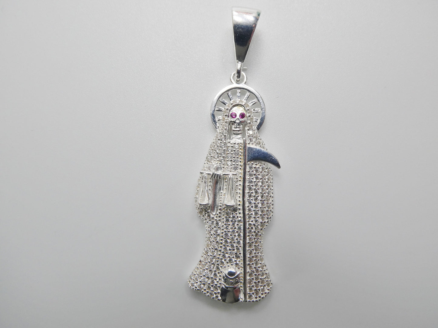 real 925 sterling silver 22 inch flat chain and large santa muerte pendent charm