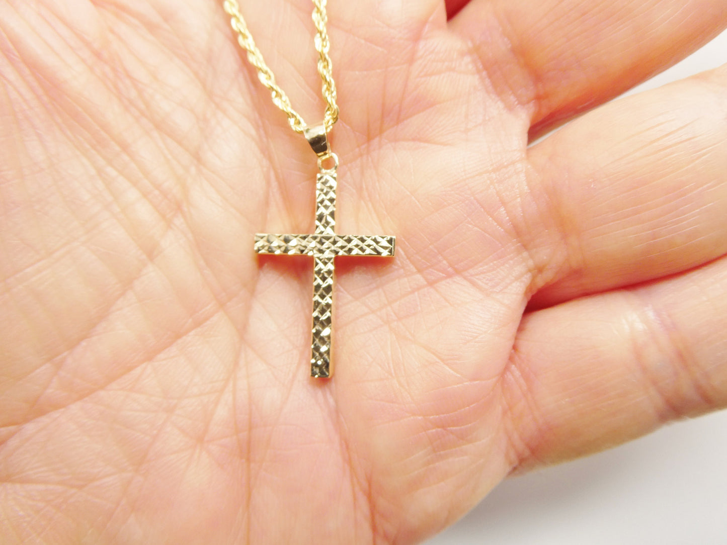 14k real solid yellow gold diamond cut cross pendent and robe necklace