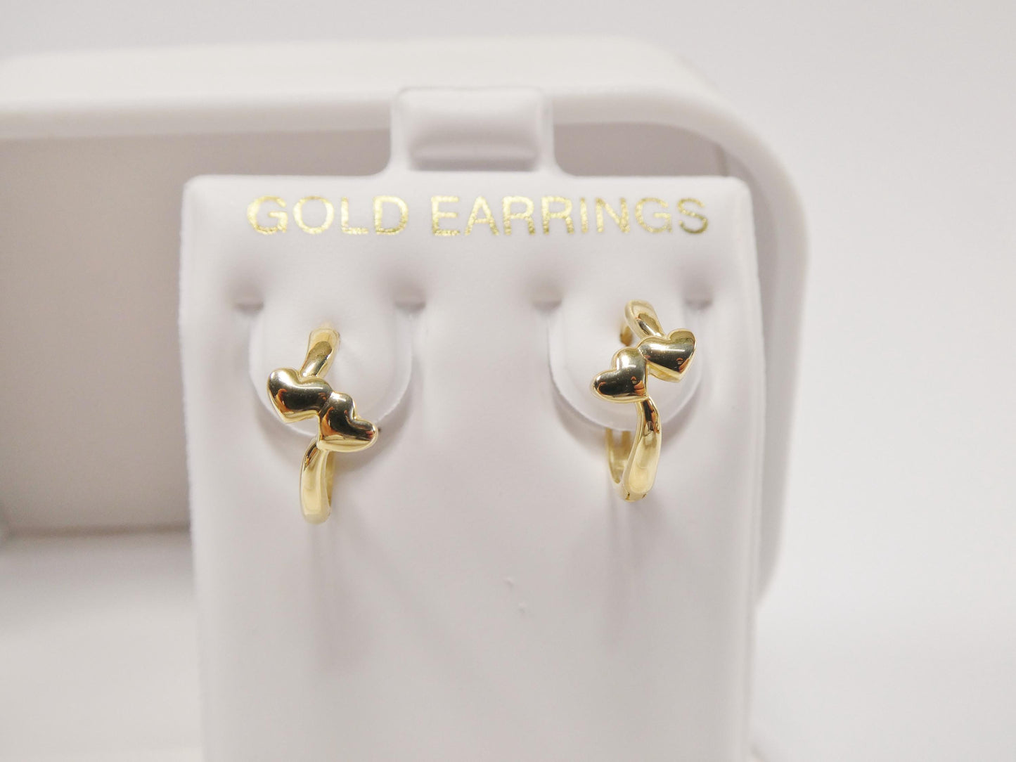 real 10k solid yellow gold double heart dropping huggie earring