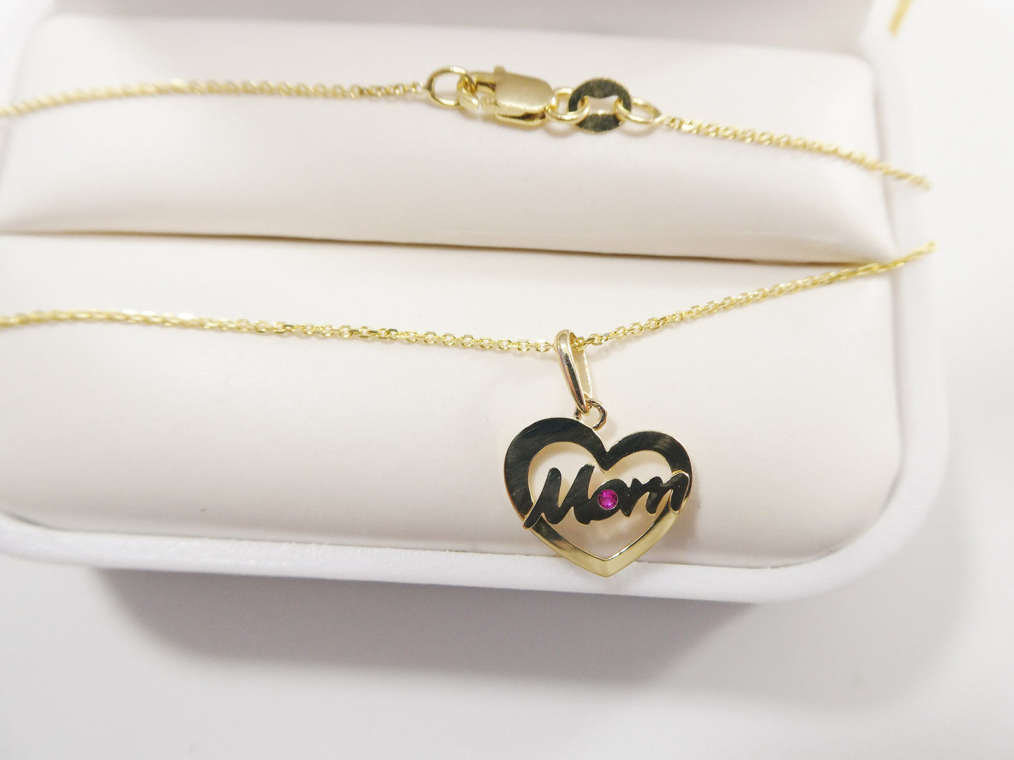14k real solid yellow gold mom heart pendent and cable necklace