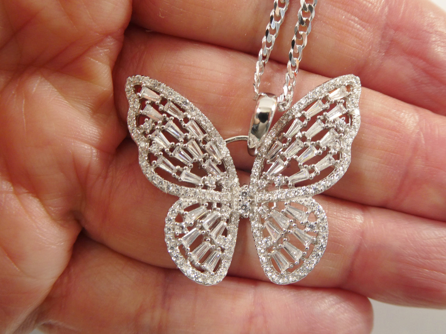 real 925 sterling silver baguette setting butterfly chain and pendent