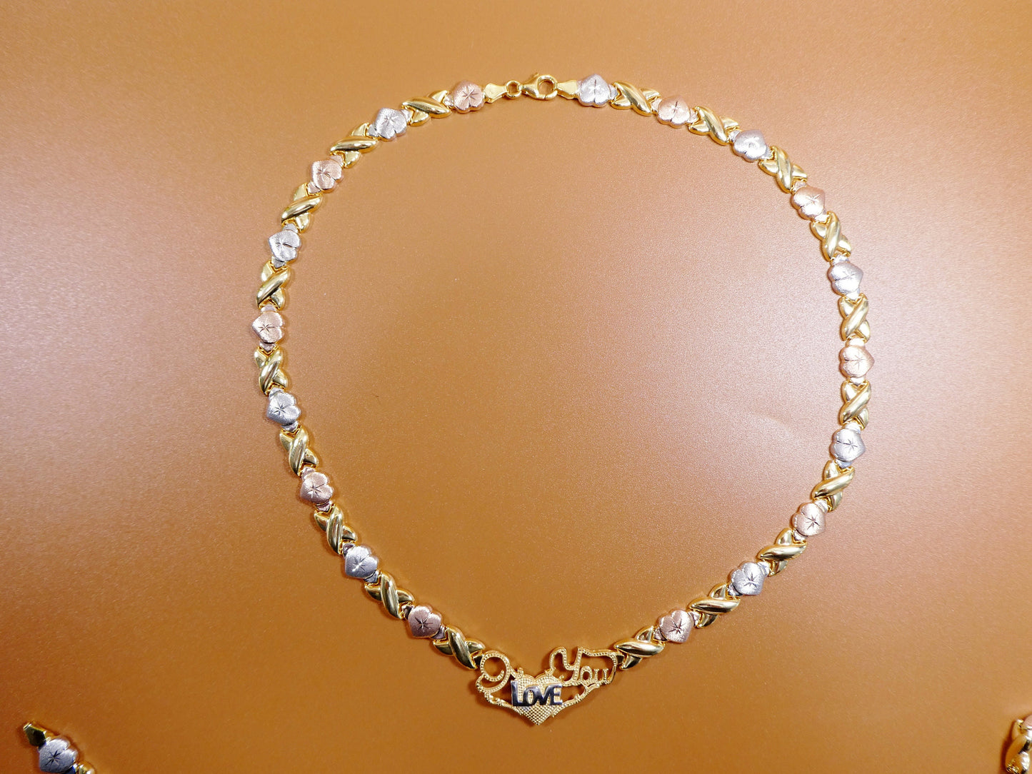 925 real sterling silver I love you xoxo heart set necklace and bracelet hugs and kisses stampato 14k tri color gold tone color