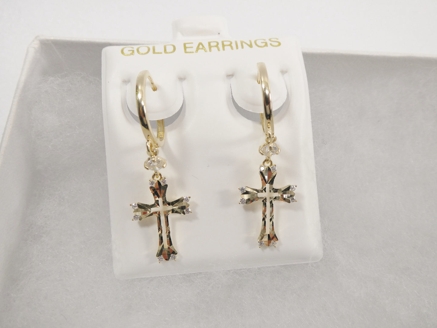 10k real solid yellow gold full laser cut cross dangle on plain huggie hoop fancy earring
