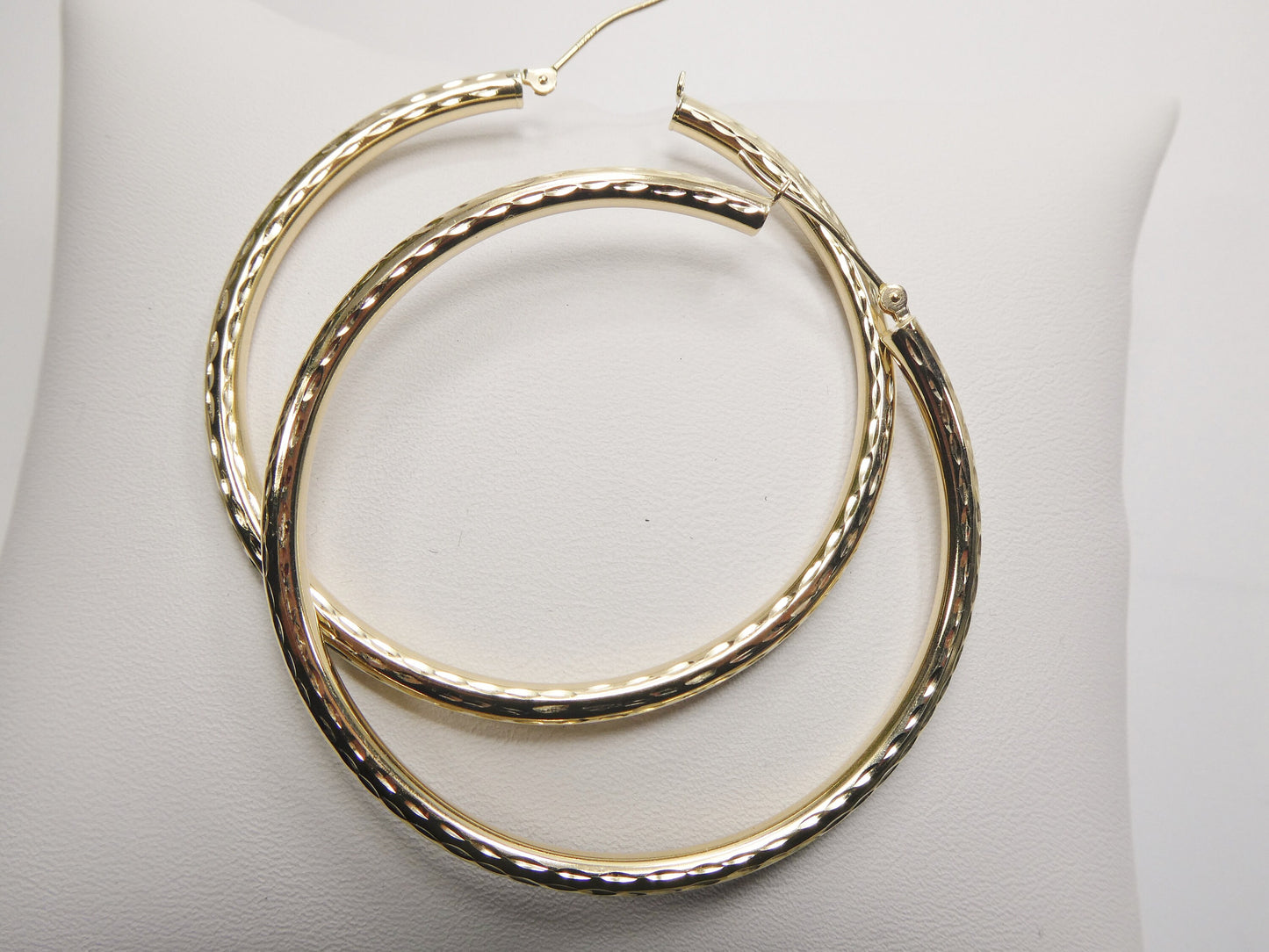 14K real solid yellow gold 50mm round hoop earring snap closure full diamond cut finish