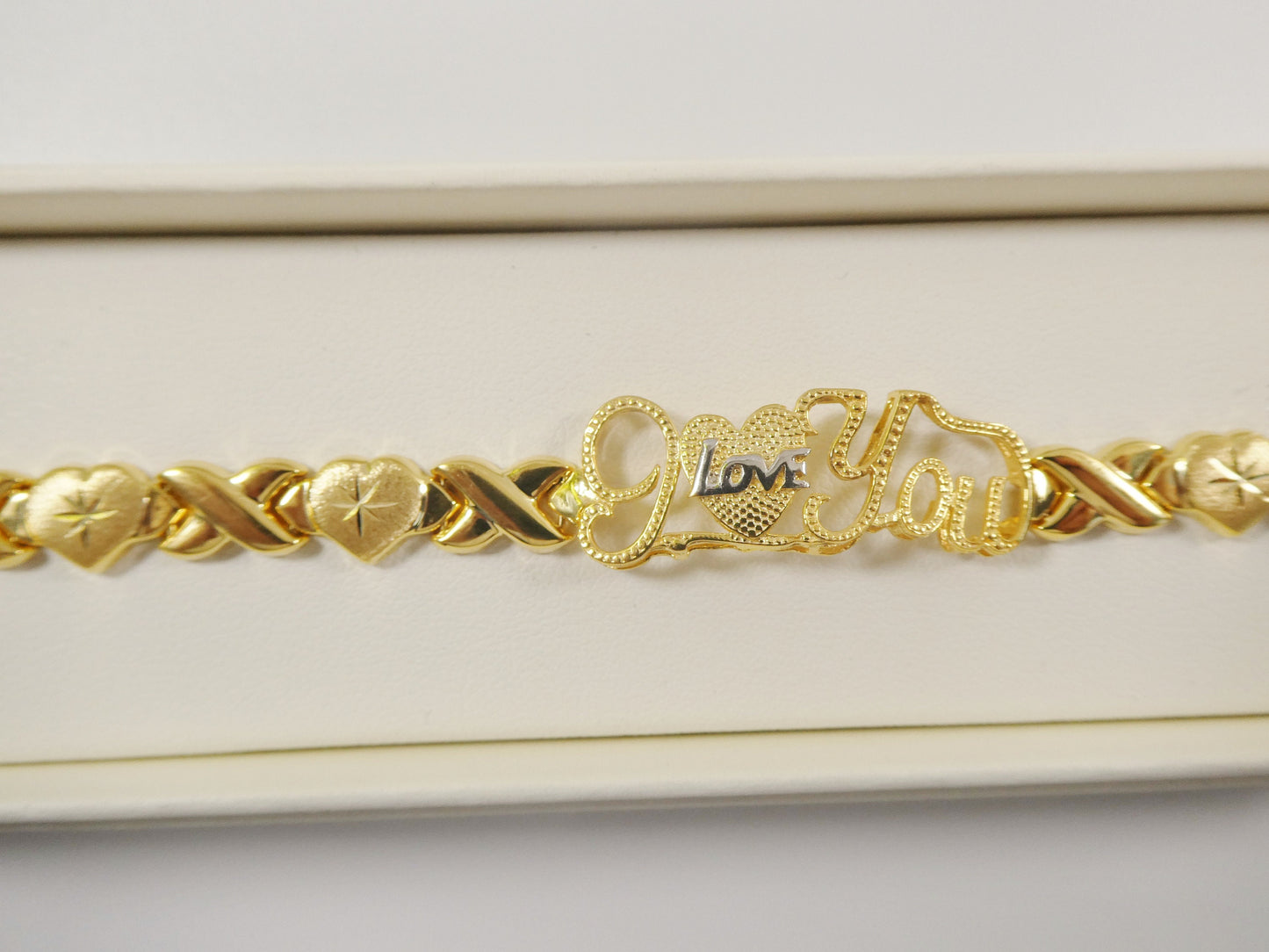 real 925 sterling silver I love you xo heart stampato bracelet 14k yellow gold tone finish