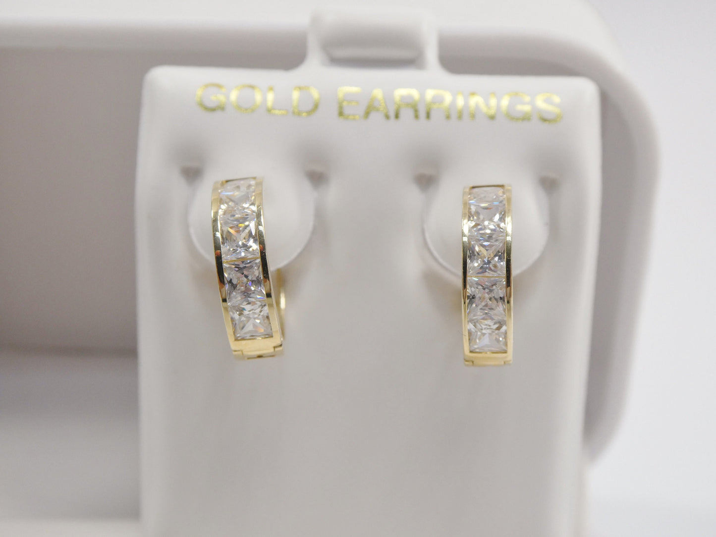 real 10k solid yellow gold princess-cut setting 14mm hoop huggie earrings