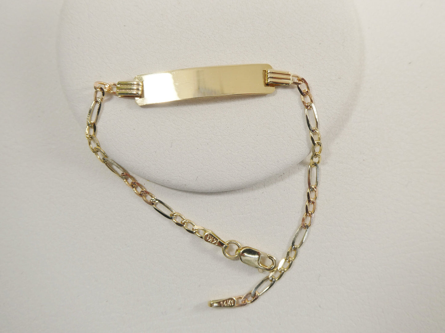 14K real solid yellow gold 6 inch Figaro style tri color baby ID bracelet