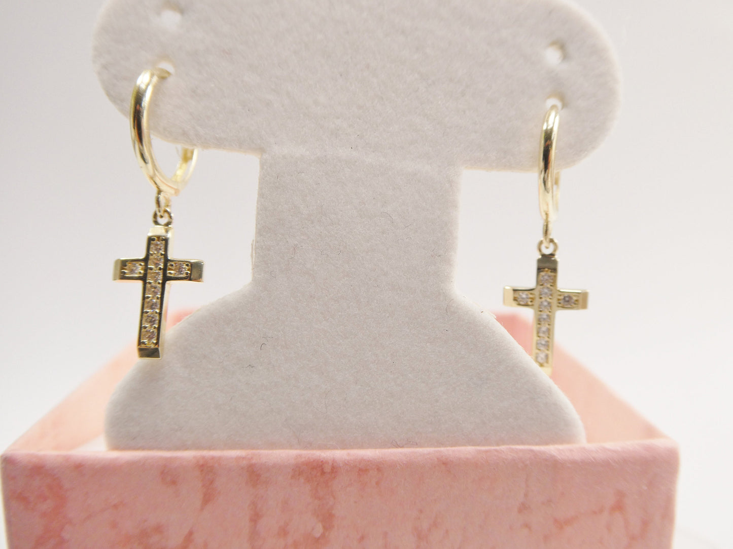10k real solid yellow gold 1.5mm stone setting cross dangle on plain huggie hoop fancy earrings
