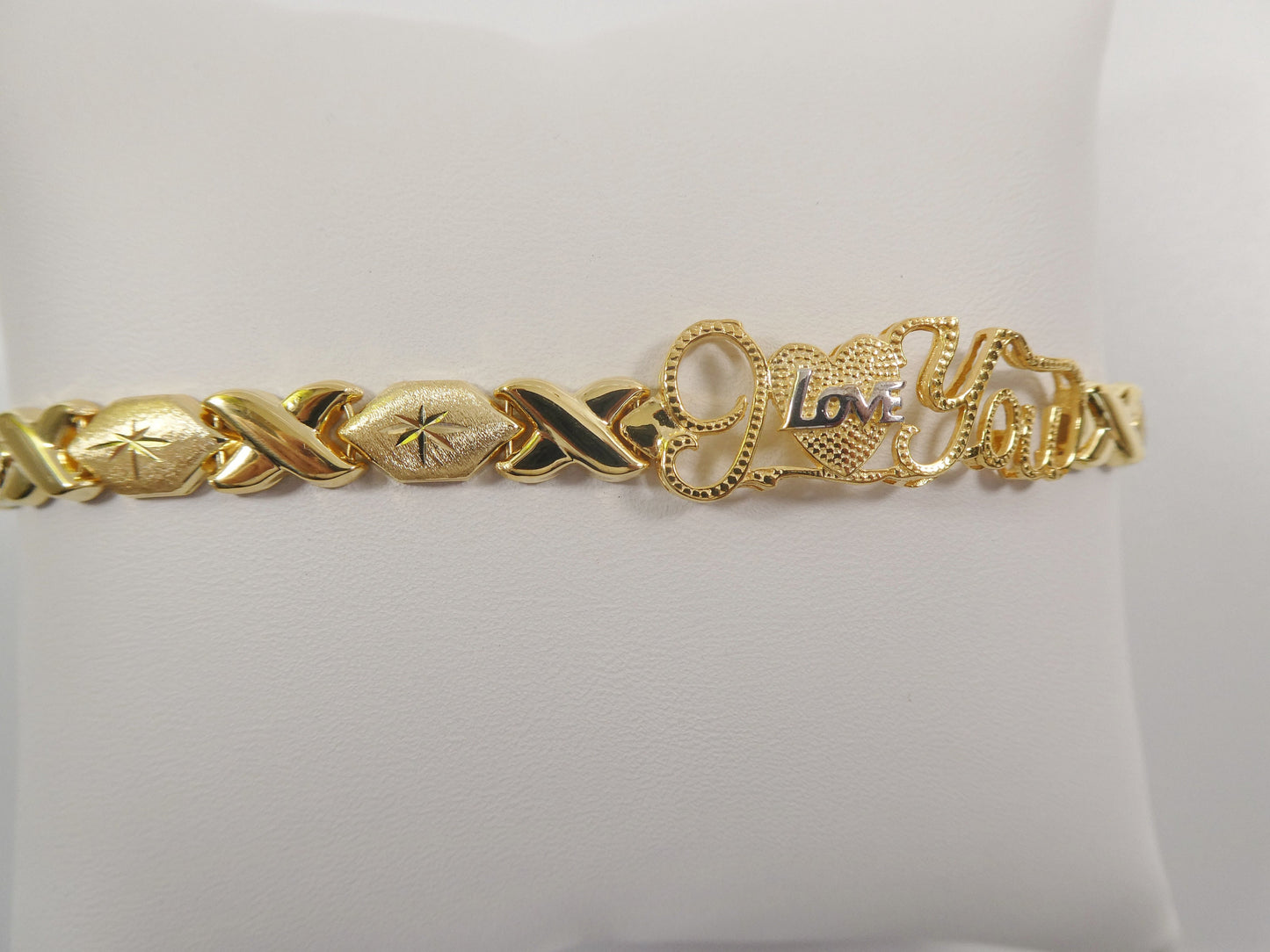 real 925 sterling silver I love you xo xo stampato bracelet 14k yellow gold two tone finish