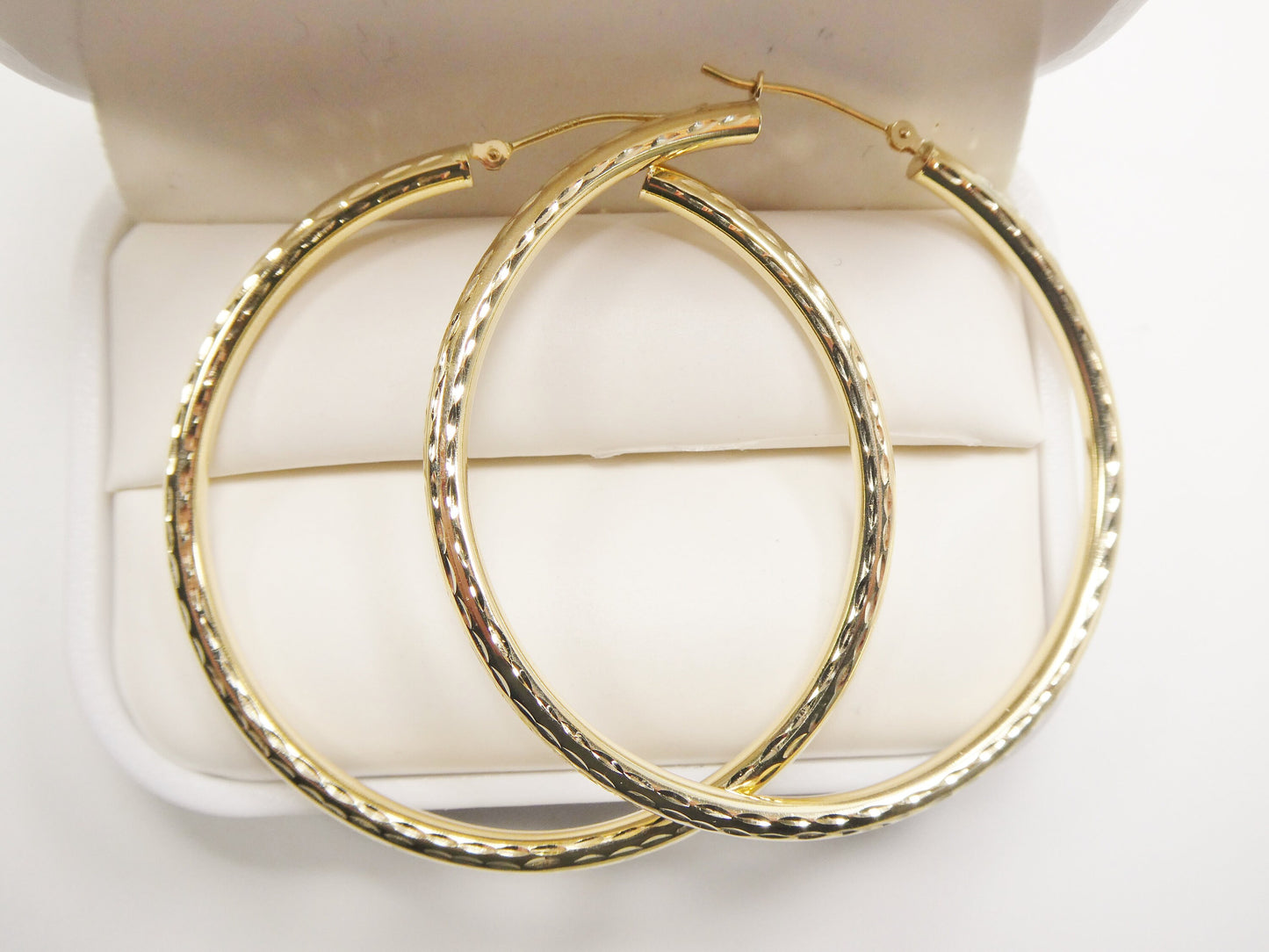 14K real solid yellow gold 50mm round hoop earring snap closure full diamond cut finish