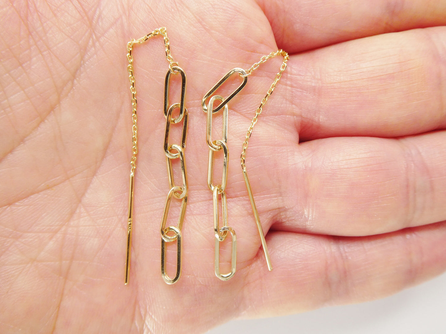 14k real solid yellow gold paperclip long dangling earring