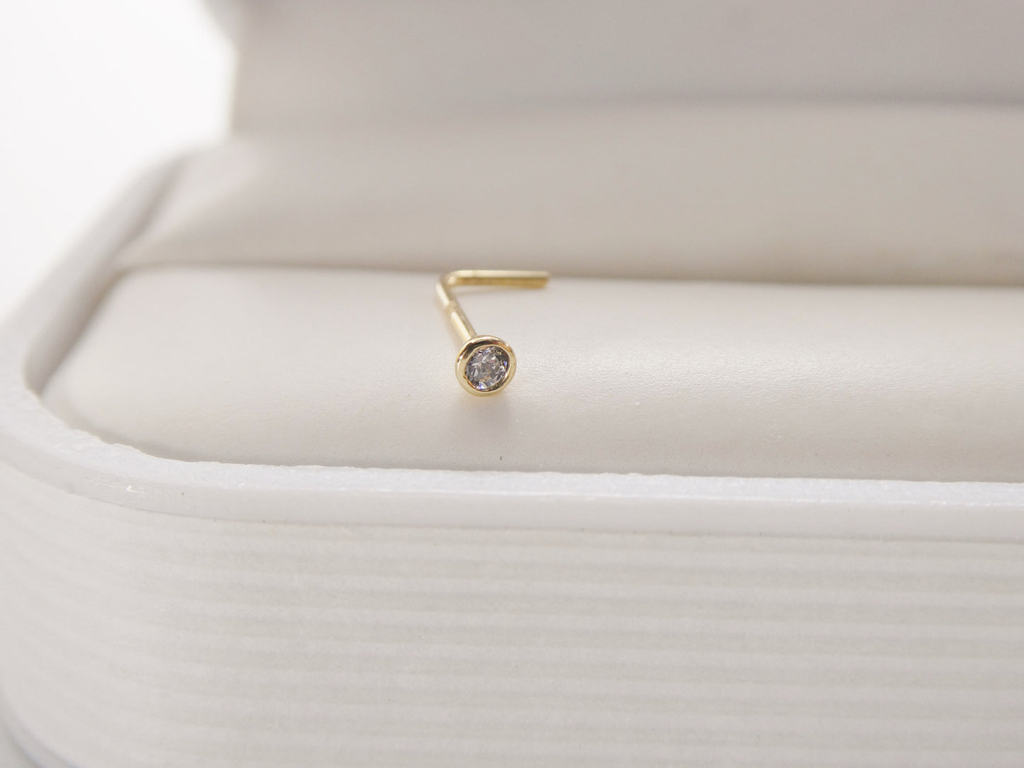14k real solid yellow gold L SHAPE 1.5mm round stone stud nose ring
