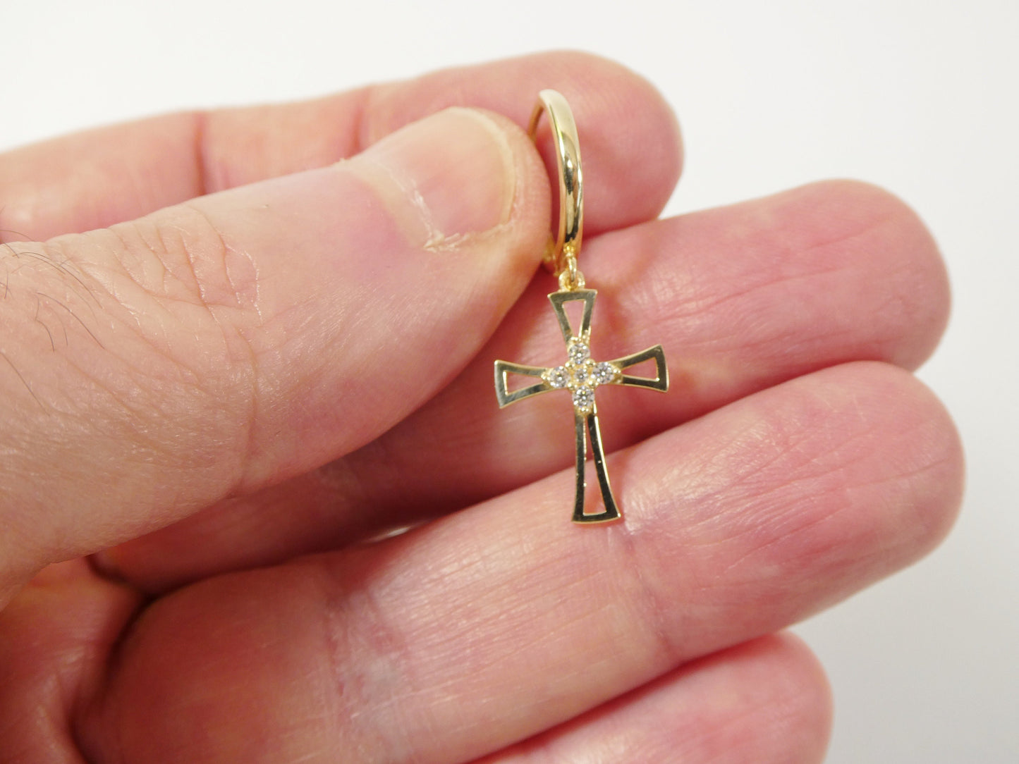 10k real solid yellow gold plain hoop huggie cross dropping