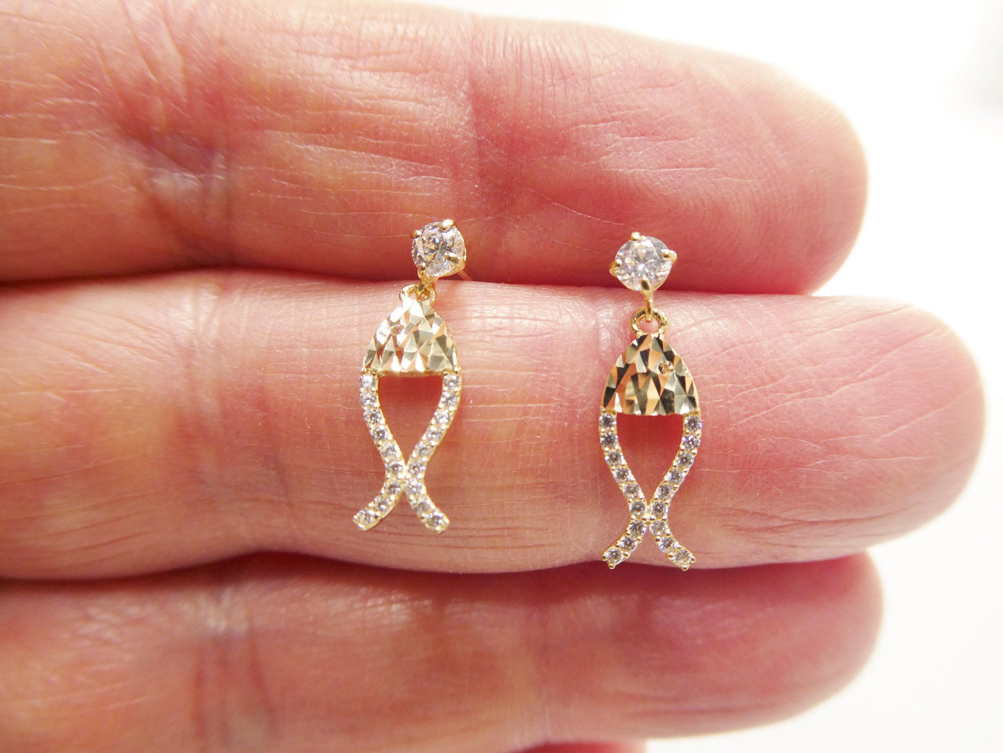 real 10k solid yellow gold fish dangling push post earrings