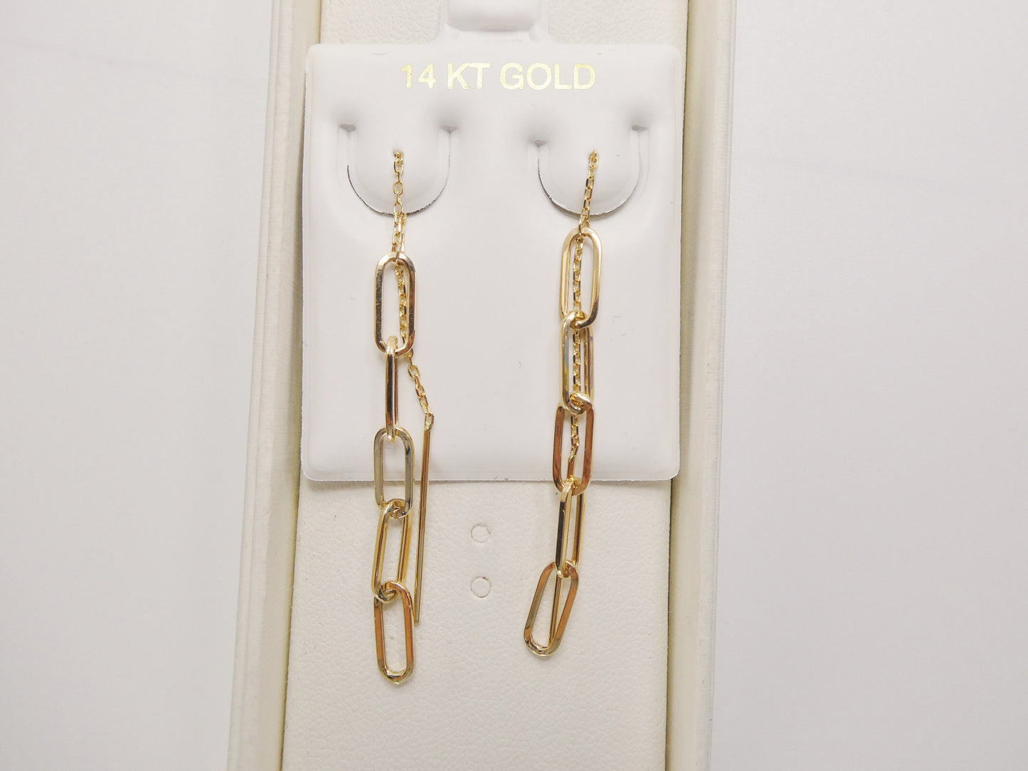 14k real solid yellow gold paperclip long dangling earring
