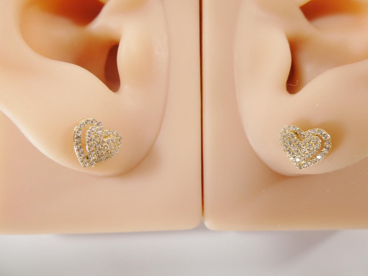 10k real solid gold double heart micro fave setting push back earrings