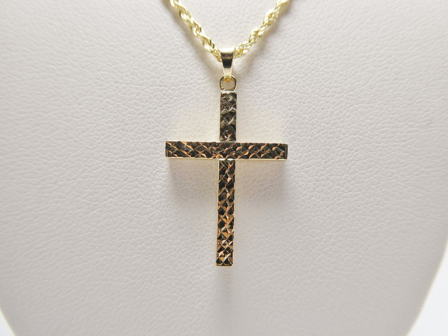 14k real solid yellow gold diamond cut cross pendent and robe necklace