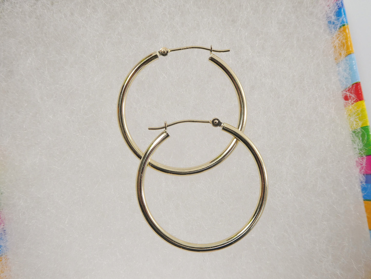 14K real solid yellow gold 2mm / 30mm round hoop earring snap closure high polish finish