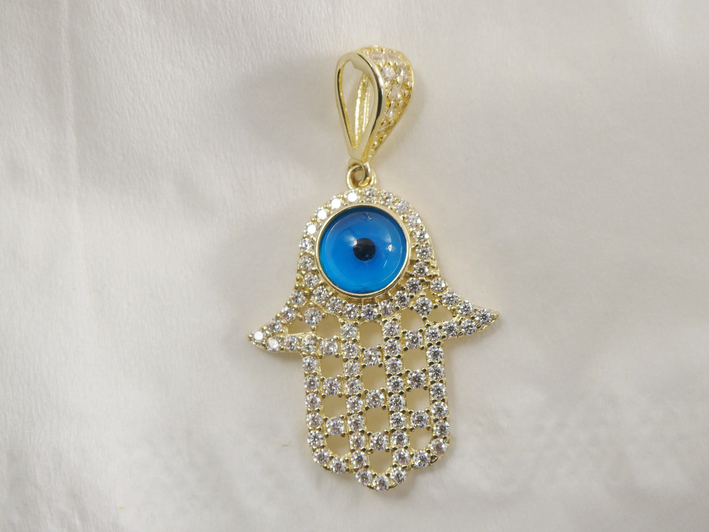 14k real solid yellow gold full stone setting evil eye hamsa charm pendent
