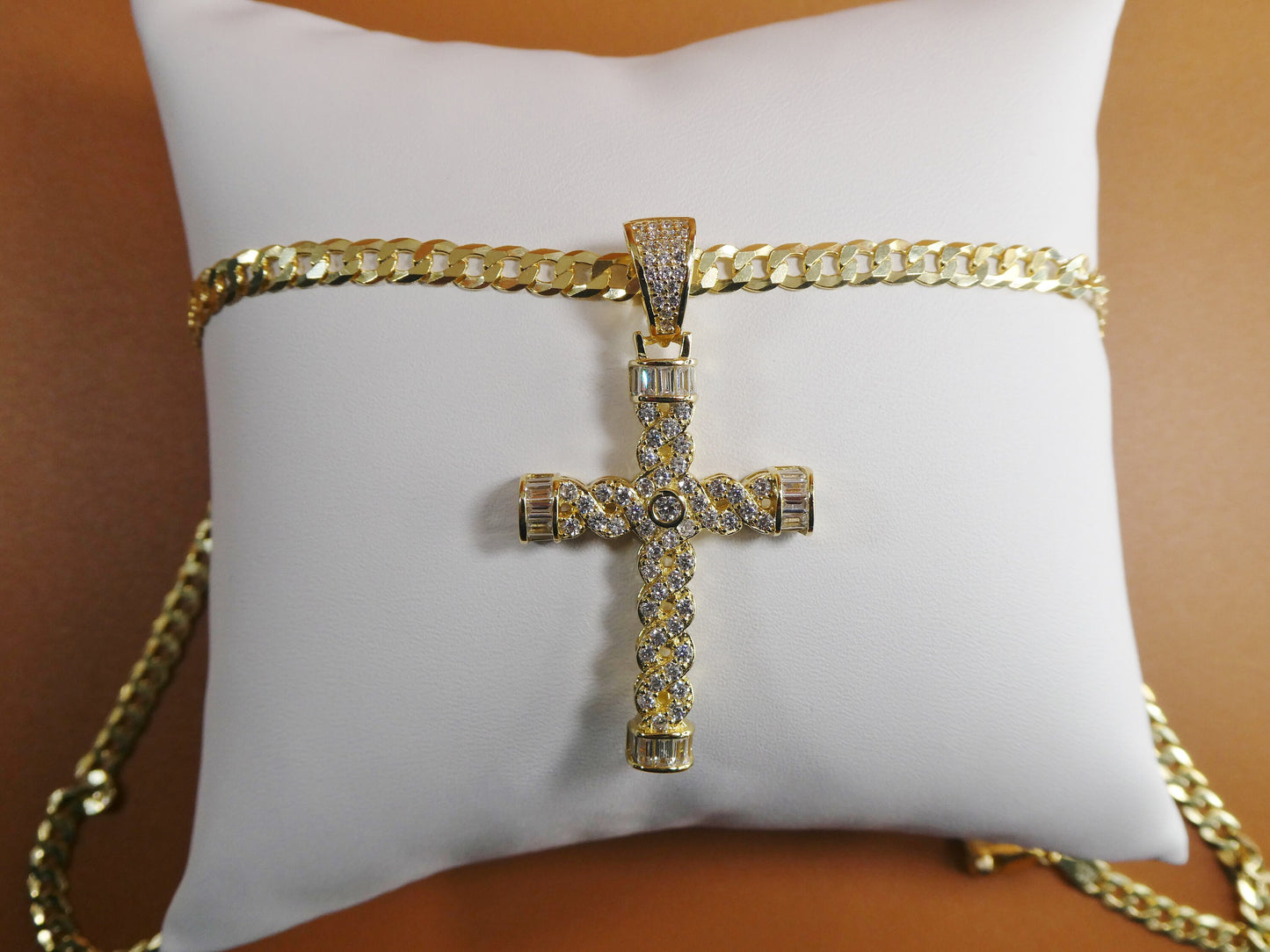 14k yellow gold color tone chain and cross charm pendent over real 925 sterling silver