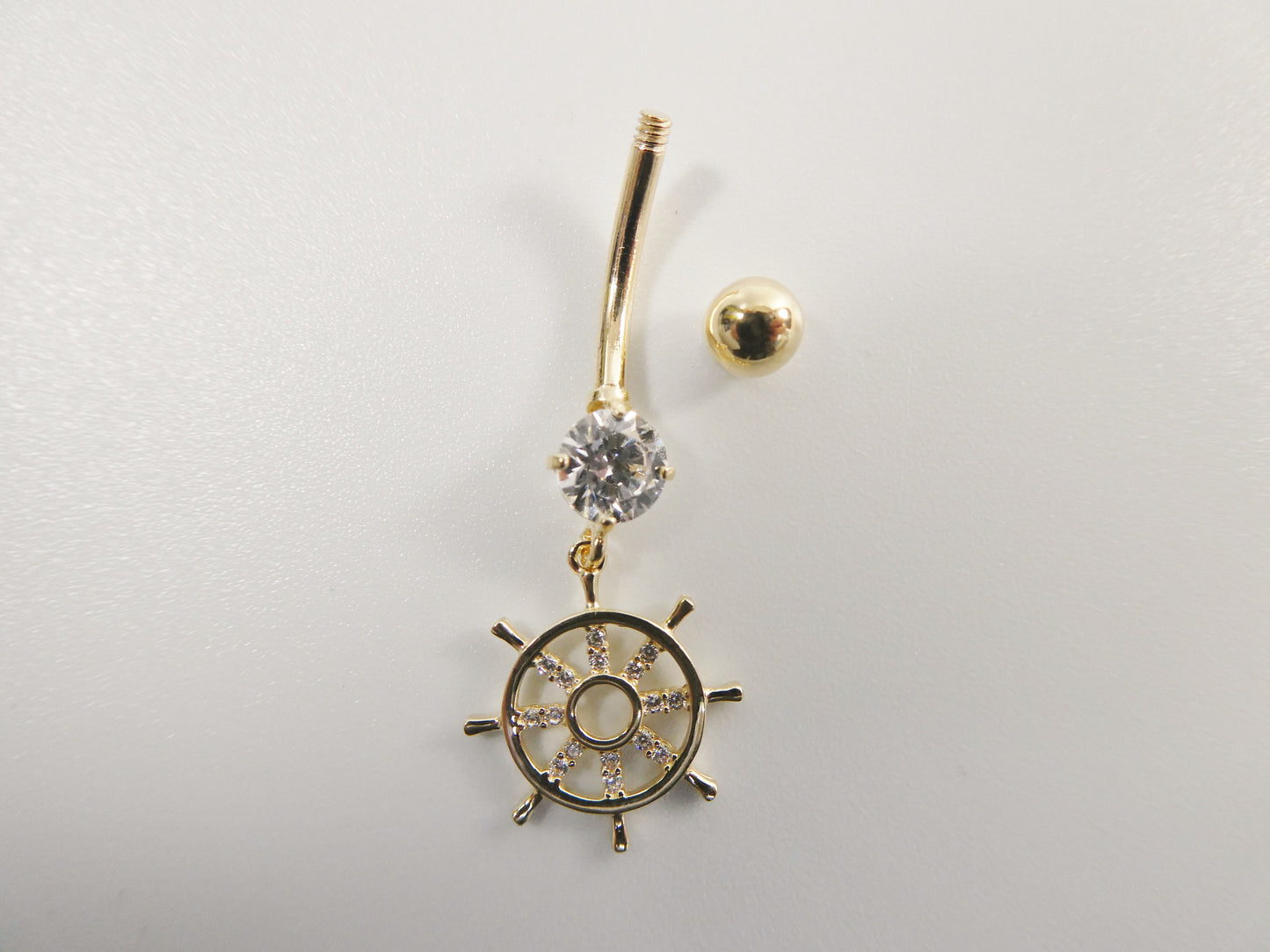 14k real solid yellow gold ship wheel dangling belly button ring piercing