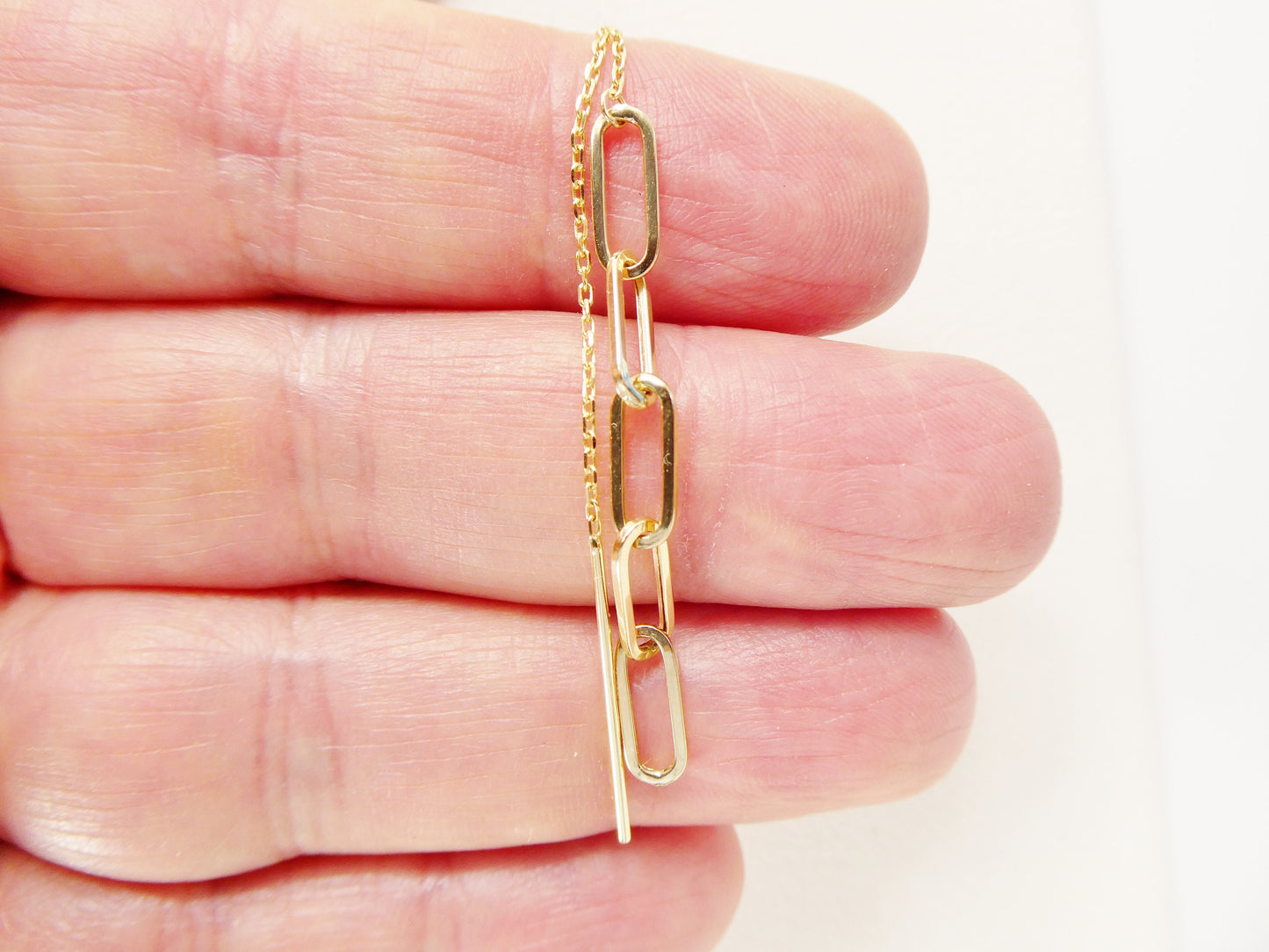 14k real solid yellow gold paperclip long dangling earring