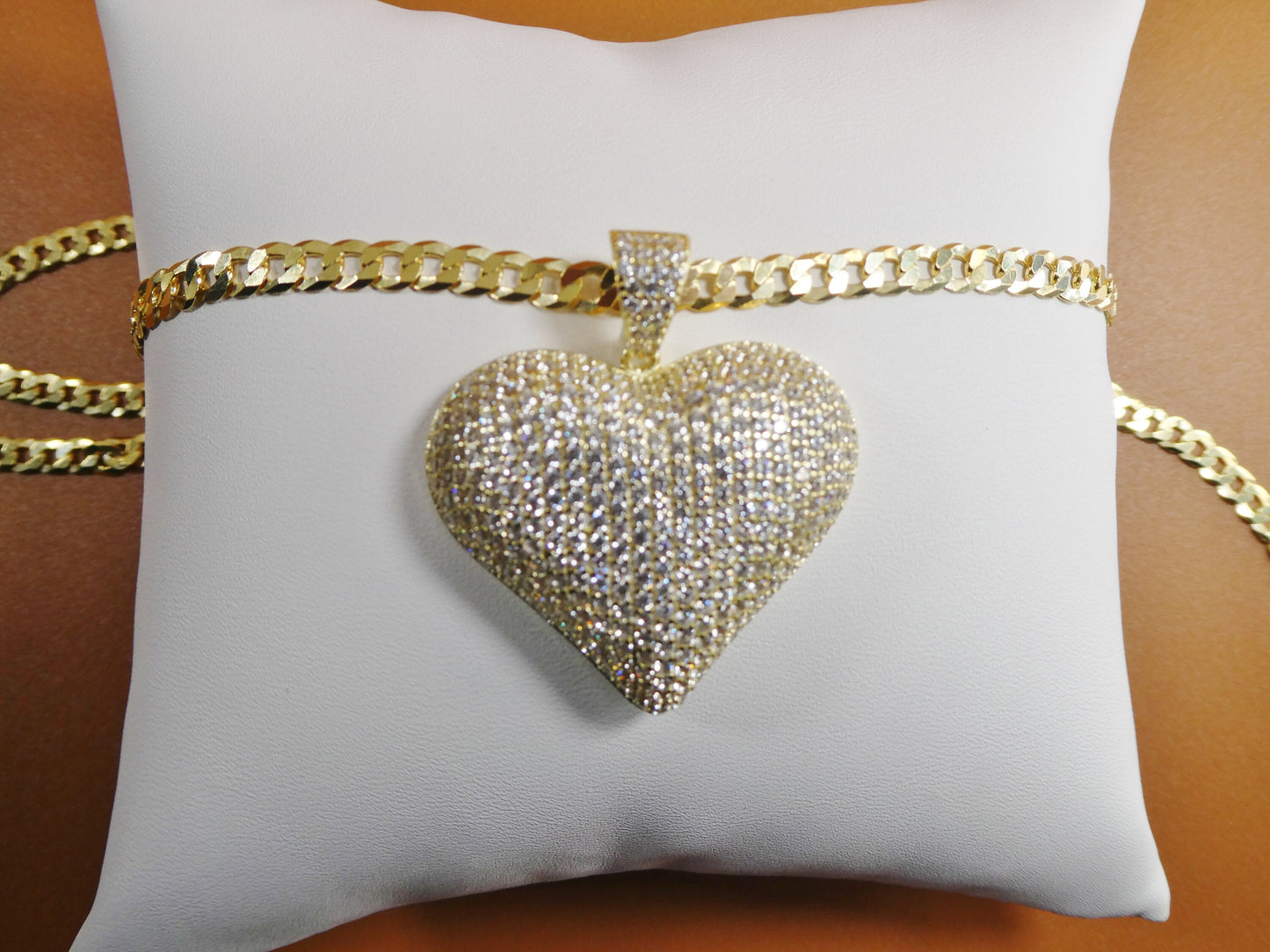 14k yellow gold color tone chain and large heart charm pendent over real 925 sterling silver