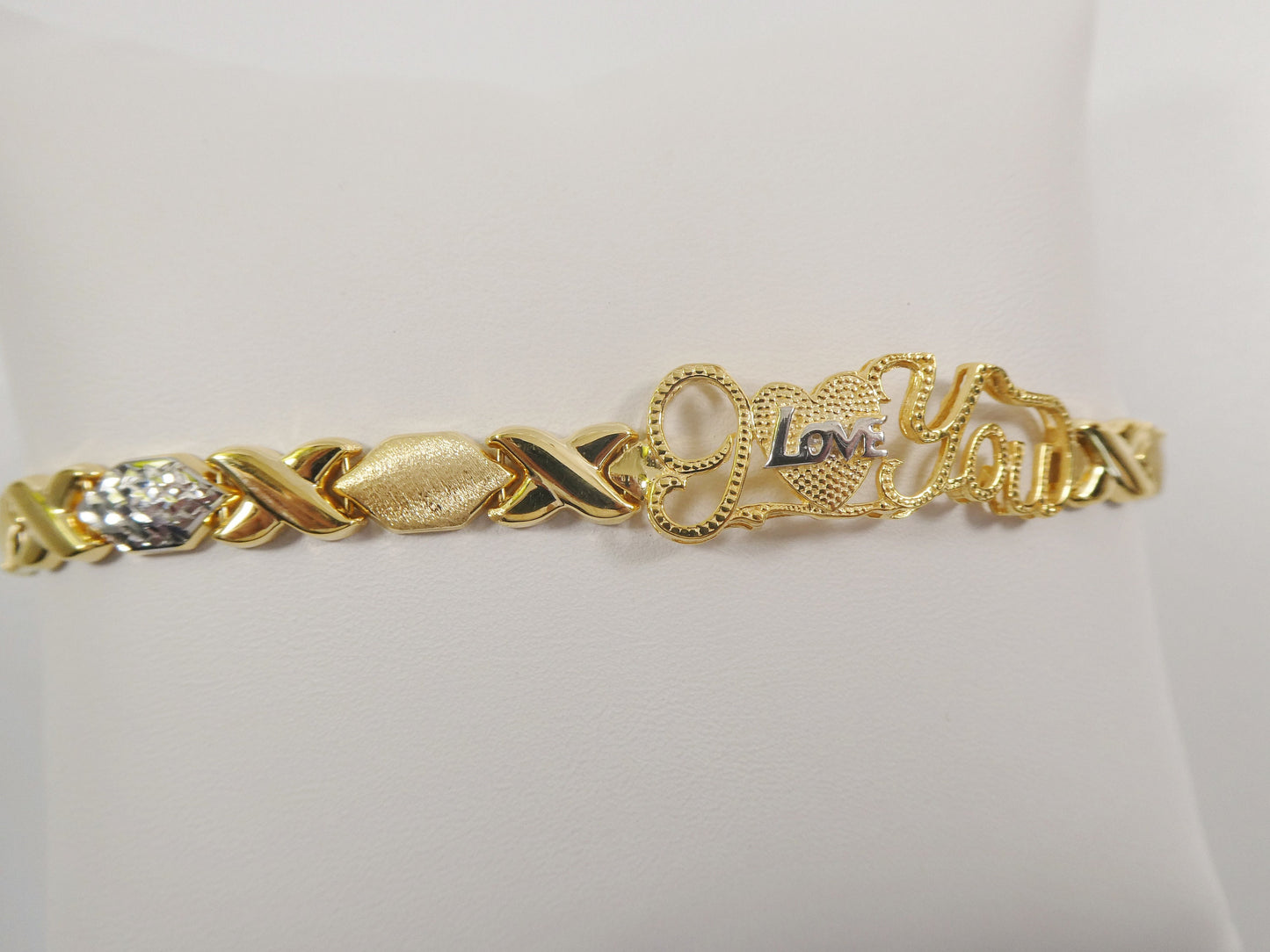 real 925 sterling silver I love you xo xo stampato bracelet 14k yellow gold two tone finish
