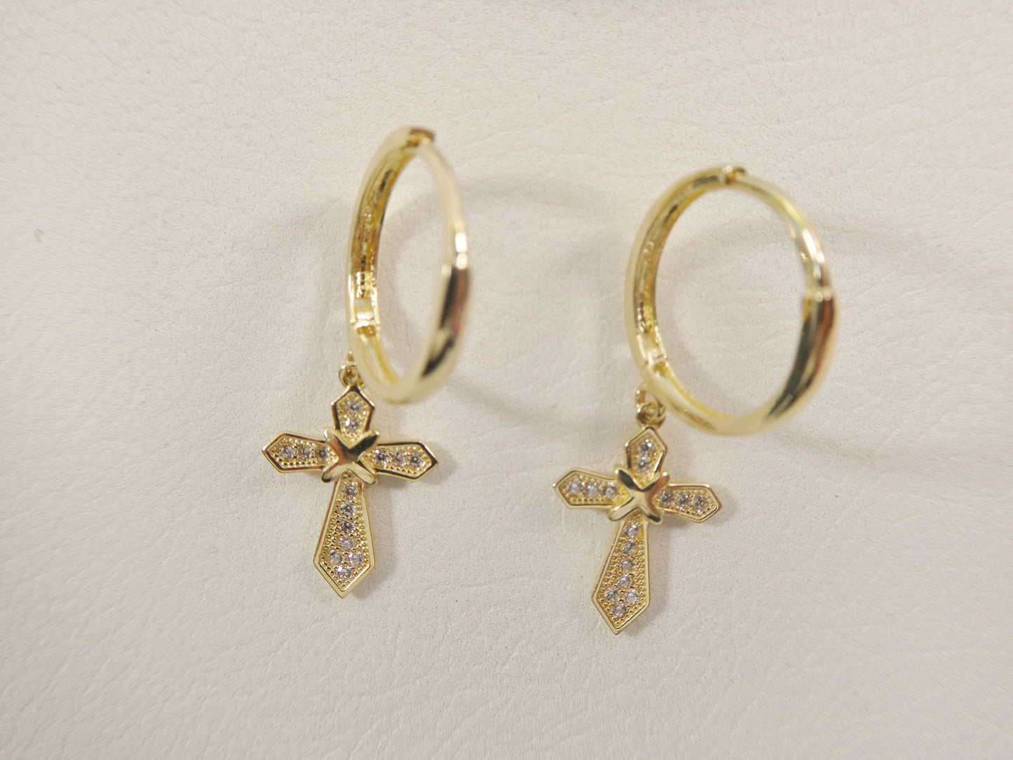 10k real solid gold cross dangle on plain huggie fancy earrings