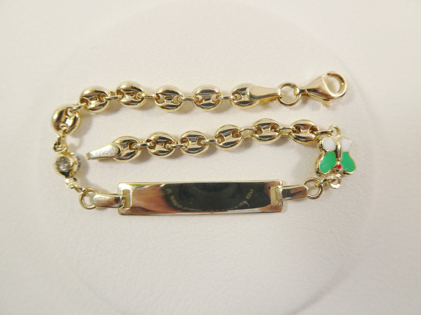 14k Yellow Gold Baby ID Bracelet: Enamel Butterfly Mariner Chain