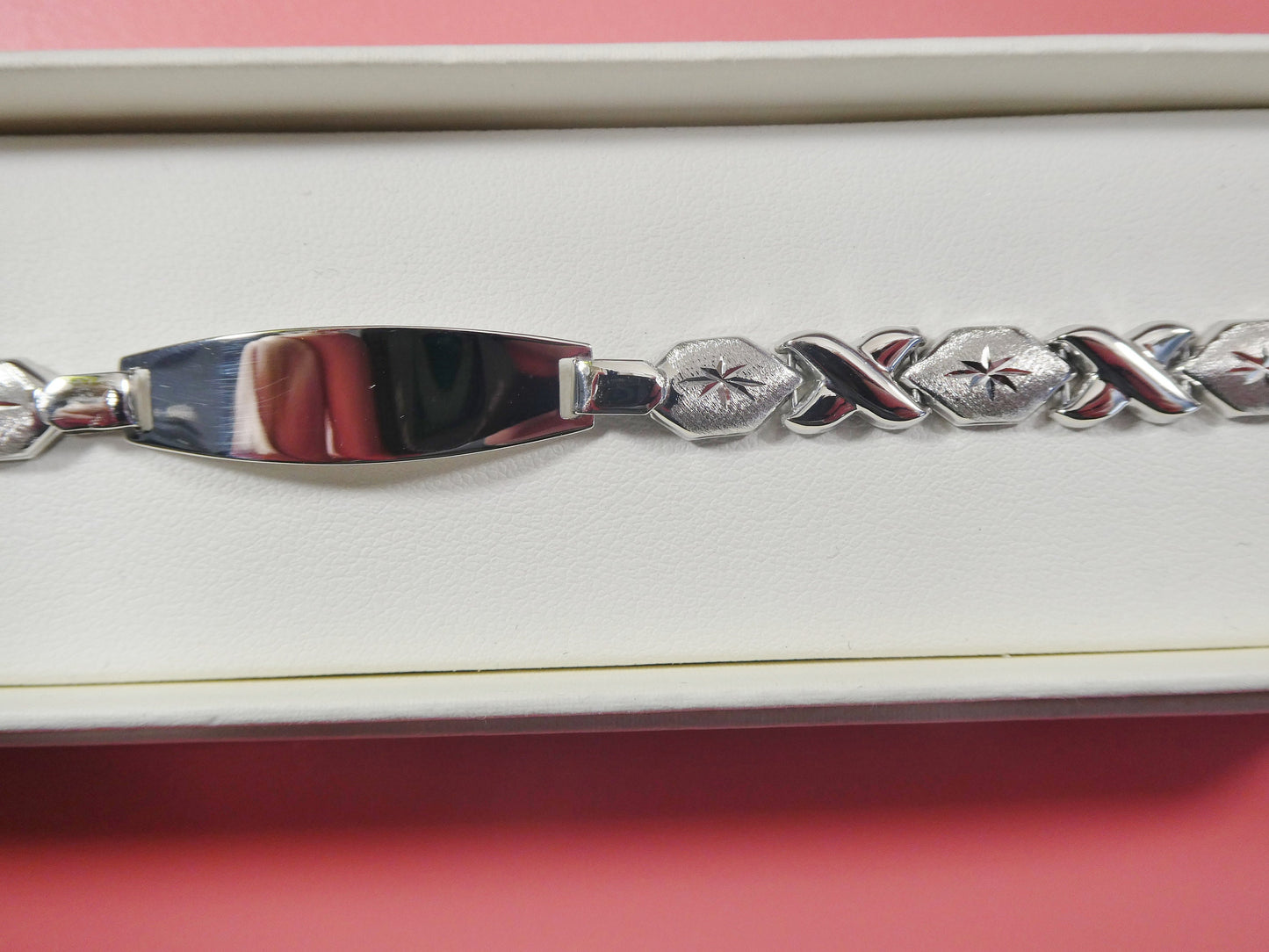 real 925 sterling silver stampato ID bracelet xo xo x heart 14k white gold finish