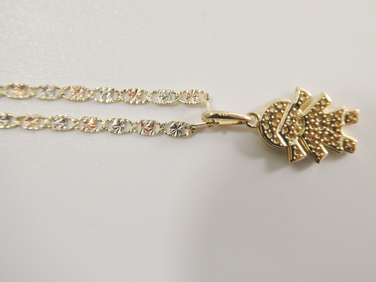 10k real solid yellow gold small girl pendent and 16 inch Valentino necklace