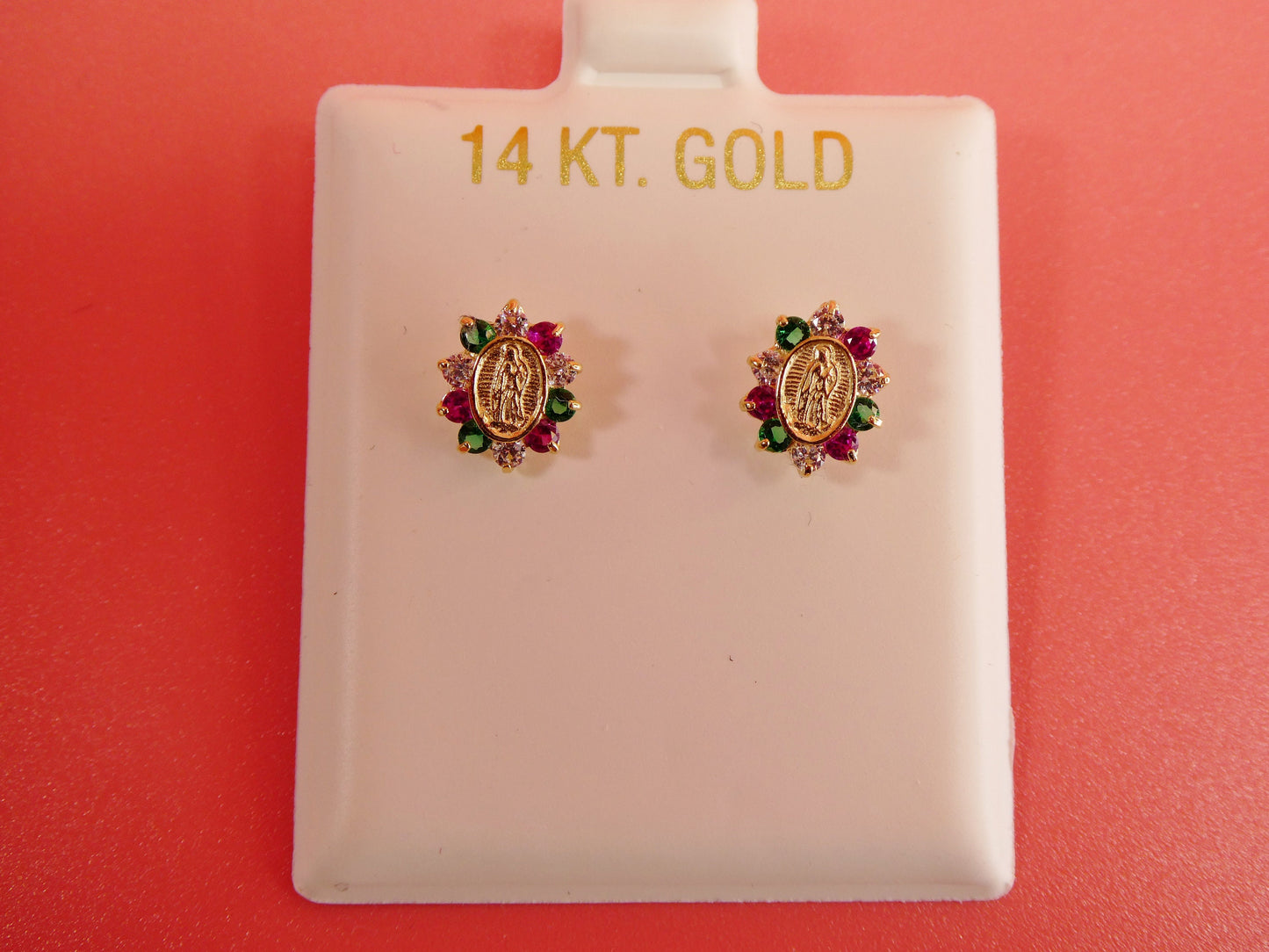 14k real solid yellow gold screw back Guadalupe virgin Mary earrings oval shape