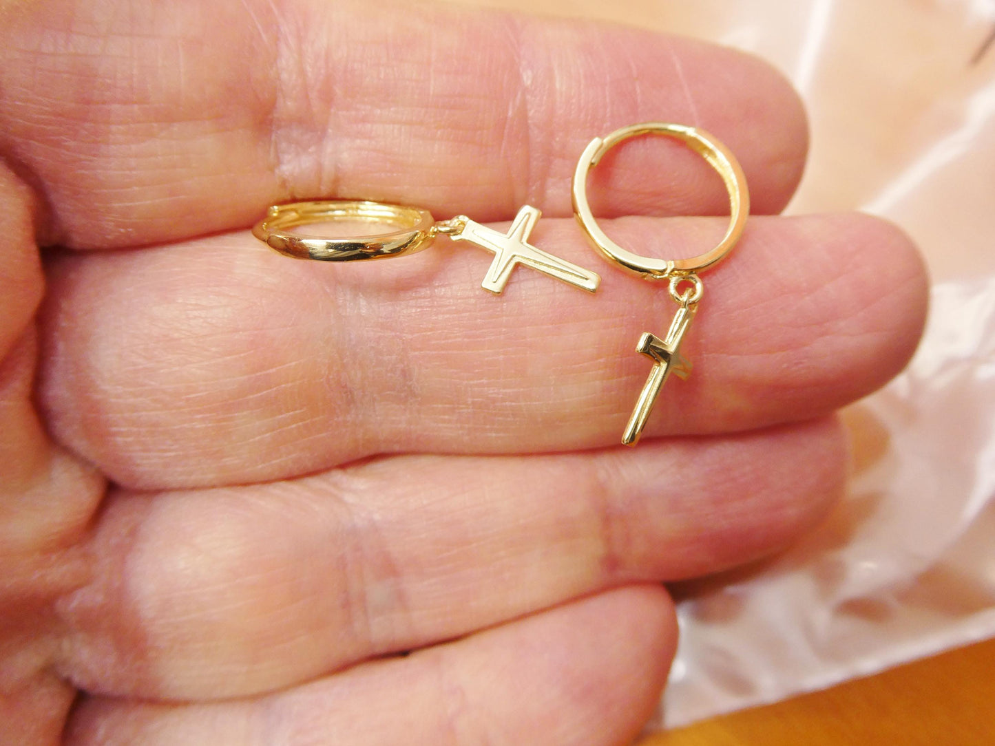 real 10k solid yellow gold cross dropping hoop huggie earrings