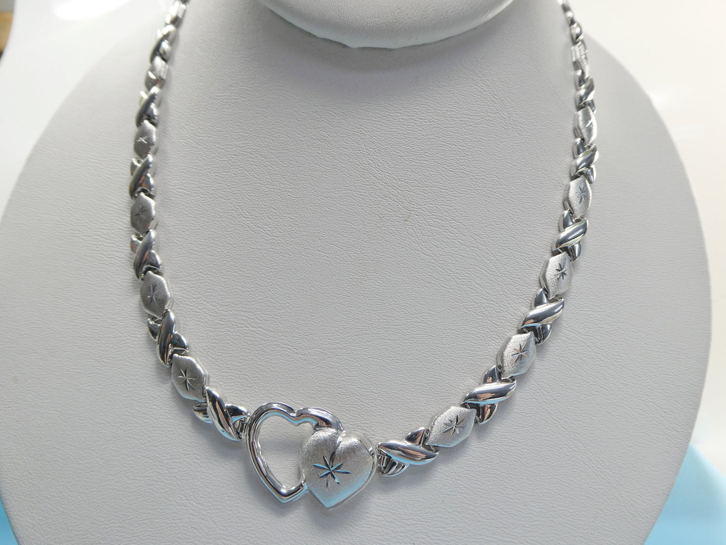 real 925 sterling silver double heart stampato set / necklace/ bracelet 14k white gold color finish