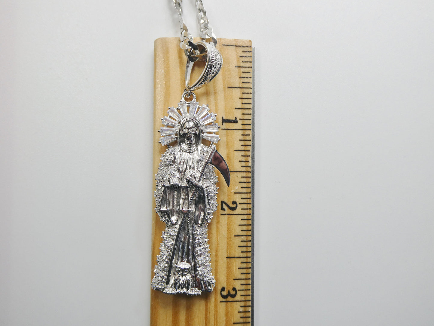 real 925 sterling silver 24 inch flat chain and extra large santa muerte pendent charm