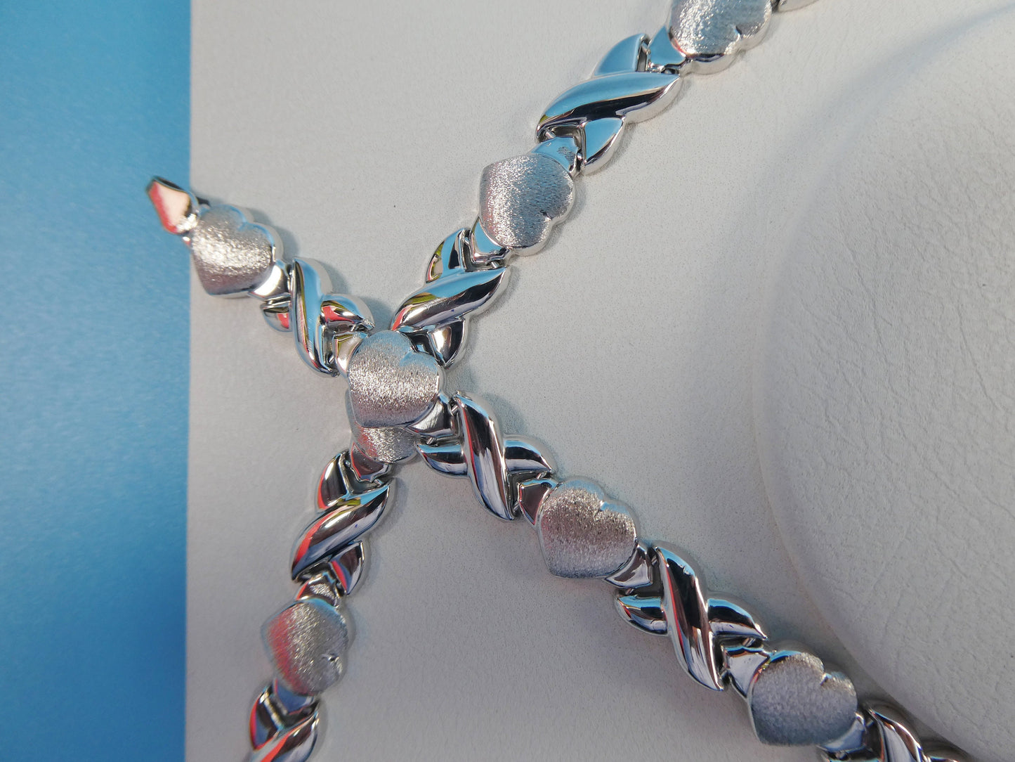 14k white gold color tone set necklace and bracelet xo heart satin finish over real 925 sterling silver