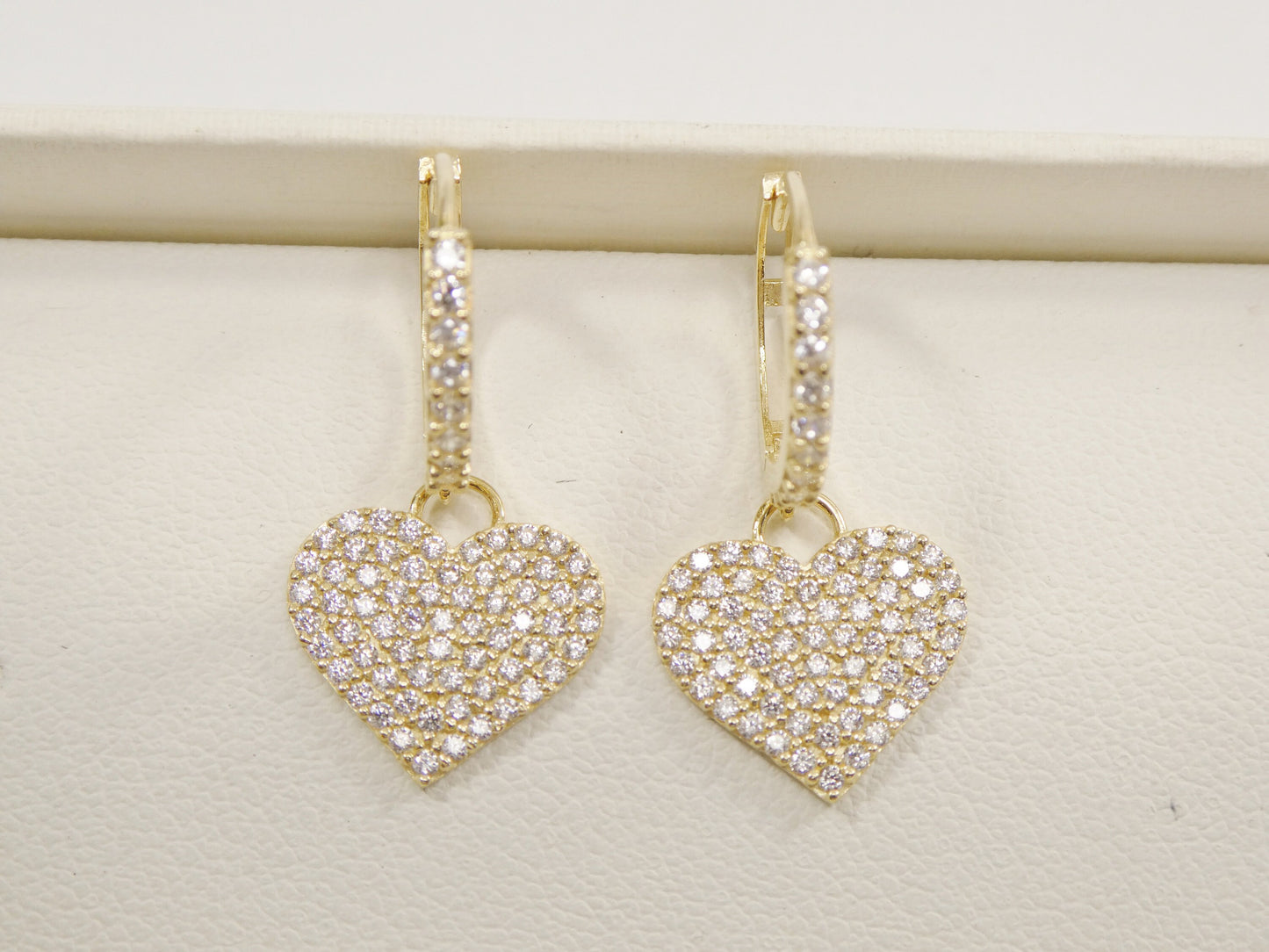 real 10k solid yellow gold dangle heart full micro fave setting hoop huggie earring