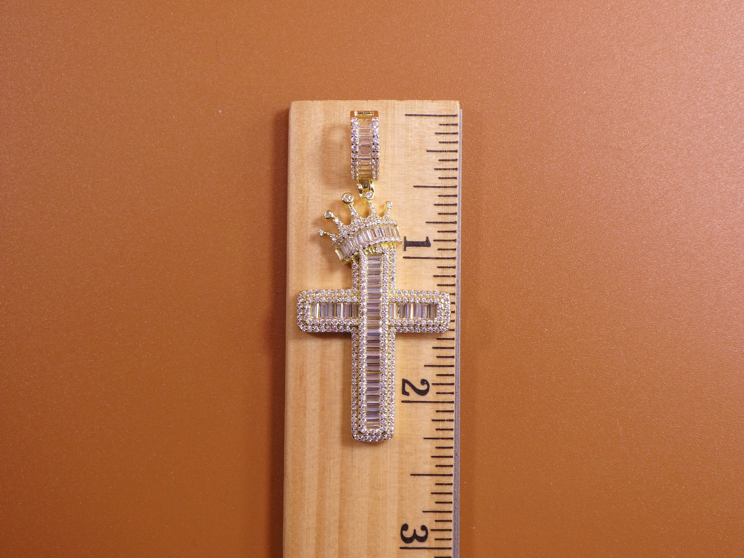 14k yellow gold color tone chain and cross charm pendent over real 925 sterling silver